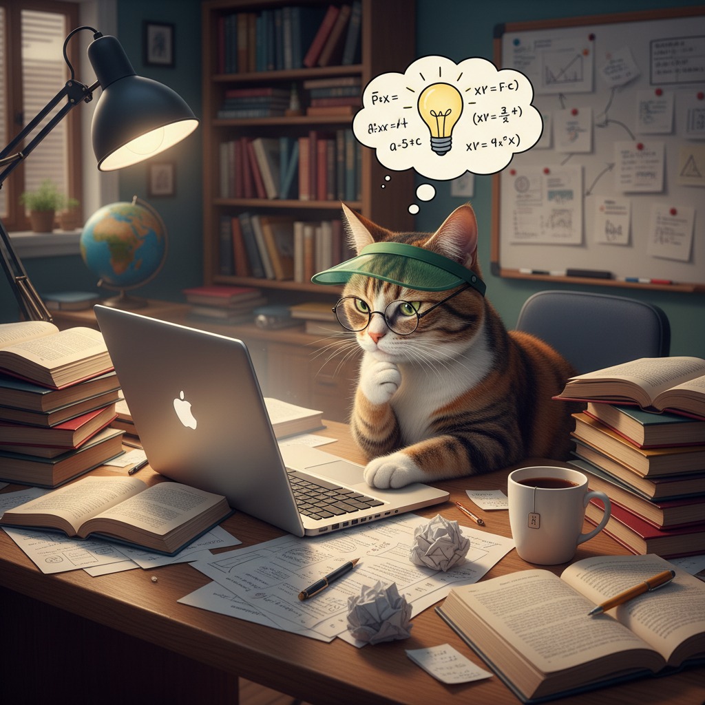 A tabby cat wearing glasses and a visor sits at a desk cluttered with open books, papers, and a laptop, with a thought bubble above its head showing a lightbulb and mathematical equations.