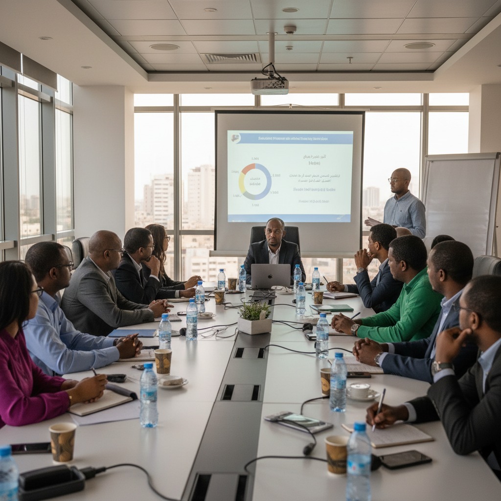 A diverse team of professionals attends a business presentation in a modern, sunlit conference room with a large projector screen displaying a chart.